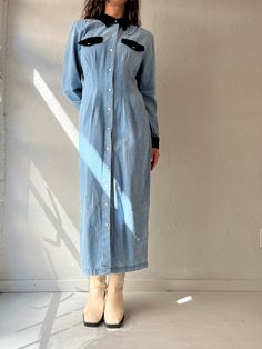 "- Vintage 90s Scarlett long sleeve denim dress - Velvet collar, pocket flaps and cuffs - Pearl snaps up the front - Padded shoulders *easily removable - Tagged 11/12 Bust: 19\" Waist: 15.5\"  Length: 48\"" Long Sleeve Denim Dress For Daywear, Fall Denim Dress With Button Closure And Relaxed Fit, Fall Relaxed Fit Denim Dress With Button Closure, Fitted Collared Denim Dress, Casual Fitted Denim Dress With Button Cuffs, Fitted Long Sleeve Denim Dress With Button Closure, Spring Denim Dress With Button Cuffs, Fall Denim Button-up Dress With Button Cuffs, Fitted Denim Dress With Pockets For Daywear