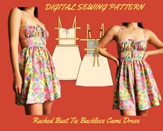 a woman in a dress with flowers on it and the words, digital sewing pattern