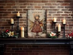 a mantle with candles and pictures on it in front of a brick wall, decorated for christmas