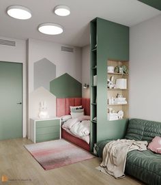 a bedroom with green and pink accents