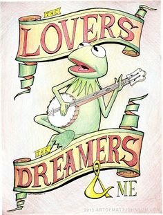 a drawing of a frog holding a guitar with the words lovers on it's banner