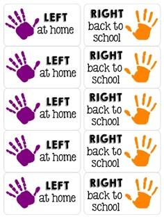 four different handprints with the words left at home and right at home