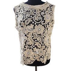 Luxurious Gold Top/Blouse /Cover . Even More Gorgeous In Person! Absolutely Stunning. Even More Gorgeous In Person Features: Crochet, Embroidered Size: Womens Us 10 Condition: New Without Tags Fitted Lace Top With Floral Embroidery, Cream Embroidered Lace Tops, White Lace Top With Intricate Embroidery, White Lace Tops With Intricate Embroidery, Elegant Lace Crochet Top With Lace Work, Beige Wedding Tops With Floral Embroidery, Beige Lace Tops For Wedding, Beige Lace Wedding Top, Spring Lace Tops With Intricate Embroidery