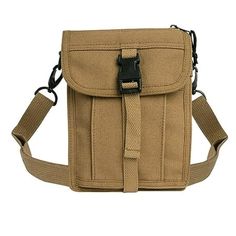 a small tan bag with a black buckle on the front and shoulder strap attached to it