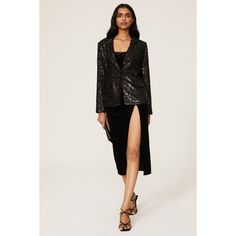 Black sequins (95% Polyester, 5% Spandex). Blazer. Long sleeves. Front button closure. 27" from shoulder to hemline. Imported. Sequin Blazer, Rent The Runway, Closet Designs, Blazer Black, Matching Top, Black Blazers, Black Sequins, High Low Dress, Confetti