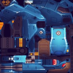 an image of a sci - fi space station in pixel art style with blue and yellow colors