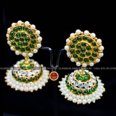 Design by Classical Dance Jewelry®  ❥ Colorful and Designer traditional big pearl green top and normal green and white stone butta or jhumka Kemp temple Indian Jewelry Earrings in Red, Green stones combo ❥ Model no: GREEN KEMP BIG TOP AND BUTTA ❥ Age : 5 yrs and up ❥ You Can wear this set especially for Bharatnatyam And Kuchipudi Dance Performances and in Parties, Engagement, Weddings, Birthdays. ❥ Handmade Indian Item.  Set includes     ☛  Earrings pair ❇️  Imitation Jewelry by nature is little Green Stone Work Temple Jewelry Earrings, Green Chandbalis With Latkans For Gift, Green Chandbalis With Latkans As Gift, Green Chandbalis With Latkans For Celebration, Green Kundan Jhumkas For Gift, Green Stone Work Chandbalis For Celebration, Green Kundan Jhumkas As Gift, Green Chandbalis With Stone Work For Festivals, Green Earrings For Diwali Celebration