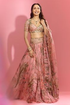 Pink lehenga with all over floral garden prints, elevated with an embroidered broad waistband using sequins, mirror. Paired with a blouse with printed base and sequin, mirror embroidery. Comes along with a dupatta with floral, sequin embroidered buttis. - Aza Fashions Mahima Mahajan, Mirror Embroidery, Pink Lehenga, Garden Print, Floral Garden, Sweetheart Neck, Raw Silk, Set For Women, Aza Fashion