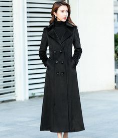 "A personal favorite of mine.The long women's wool coat is a must-have for every urban queen. The fitted warm coat will give you all the freedom of movement.And you can possibly need it in the cold winter days and early spring. DETAIL * More colors https://etsy.me/3iGlbXM * 50% wool blend, 50% fiber,nylon * Polyester lining * Long sleeve * Button fastening through the front * two pockets * A Line wool coat * Autumn winter outfit * Dry clean * Midi calf *MODEL SIZE Bust:85 cm(33.4\") Waist:67 cm( Black Coat Outfit Winter Classy, Black Coat Outfit Winter, Black Coat Outfit, Coat For Winter, Winter Coat Outfits, Long Peacoat, Coat Autumn, Long Black Coat, Black Wool Coat