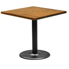 a square wooden table with black metal base on an isolated white background for use as a dining room or office space