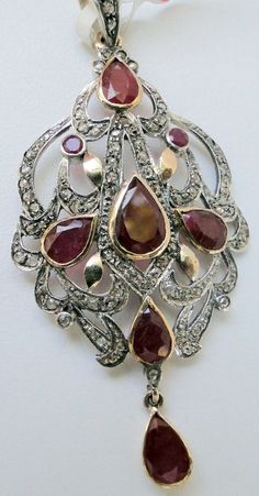 Item-vintage victorian style rose cut diamond and ruby gemstone pendant. total weight-8 grams, weight of rubies-12 carat, old cut flat round diamond weight-2.7 ct, 14 ct gold weight-4.900 gms, size of pendant-6.5/3 cm, Interesting Clothing, Victorian Necklace, Gold Bead Bracelets, 925 Silver Earrings, Vintage Victorian, Ruby Gemstone, Sapphire Gemstone, Rose Cut Diamond, Victorian Style