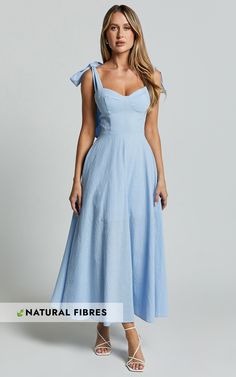 Tymia Midi Dress - Shoulder Tie Bustier Shirred Back A Line in Pastel Blue Pastel Blue Bridesmaid Dress, Pastel Blue Dress, Tile Dress, Blue Coquette, Basic Black Dress, Neon Outfits, Bachelorette Dress, Spring Maxi Dress, Cabo Wedding