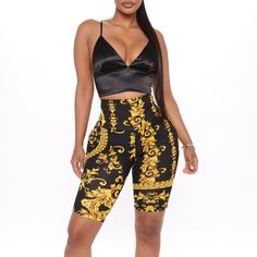 Fashion Nova Classy Chic Biker Short Black/Gold, Size S Chic Knee-length Stretch Shorts, Chic High Waist Biker Shorts For Summer, Chic Biker Shorts For Night Out, Chic Short Biker Shorts For Night Out, Trendy High-waisted Biker Shorts For Night Out, Trendy Black Knee-length Shorts, Fitted High Waist Biker Shorts For Night Out, Chic High Waist Biker Shorts, Trendy Fitted Biker Shorts For Night Out