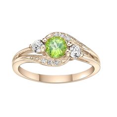 With shimmering peridot and white topaz, this ring is an accessory you'll treasure. With shimmering peridot and white topaz, this ring is an accessory you'll treasure.  Nickel free Metal: sterling silver Chain length: 18 in. Packaging: boxed Plating: 14k gold Width: 9 mm Finish: polishedSTONE DETAILS Stone type: peridot, white topaz Total weight: 1 ct. Center stone weight: 1/2 ct. Center stone size: 5 mm x 5 mm Shape: round Setting: prong Gemstones may have been treated to enhance their appearan Lime Green Peridot Ring For May Birthstone, Lime Green Peridot Birthstone Ring For May, Green Diamond Birthstone Ring With Accent Stones, Green Diamond Multi-stone Birthstone Ring, Green Diamond Birthstone Ring With Multi-stone, Peridot Birthstone Diamond Ring Fine Jewelry, Formal Peridot Birthstone Ring For May, Lime Green Peridot Birthstone Ring, Fine Jewelry Peridot Birthstone Ring With Center Stone