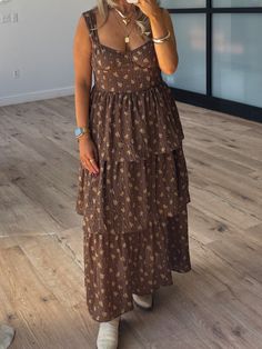 Serena Tiered Dress | Brown Floral Skirt Model, Tiered Ruffle Skirt, Tiered Midi Dress, Dress Inspo, Brown Floral, Brown Dress, Ruffle Skirt, Tiered Dress, Outerwear Sweater