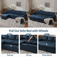 three images show how to pull out sofa bed with wheels