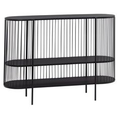 a black shelf with two shelves on each side and one shelf in the middle that has metal bars attached to it