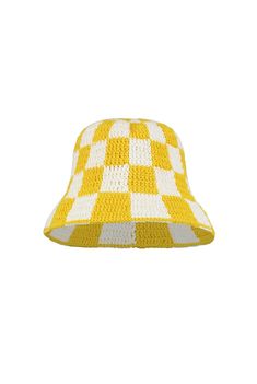 The Checkered Crochet Bucket Hat features a narrow, downward-sloped brim, perfect for shading the face from the sun or folding up for a chic, contemporary vibe. Retro Crochet Hat With Curved Brim For Vacation, Retro Short Brim Bucket Hat For The Beach, Retro Short Brim Bucket Hat For Beach, Retro Beach Bucket Hat With Short Brim, Chic Yellow Hat For The Beach, Chic Yellow Beach Hat, Retro Brimmed Bucket Hat For Beach, Retro Flat Brim Sun Hat For Beach, Retro Flat Brim Beach Hat