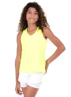 The classic tennis tank gets Lucky’s fun, modern touch. A neon yellow, V-neck tank with a racerback, mesh detailing down the sides and fun neck line cutout details. Sleeveless Tennis Tops For Summer, Green Athleisure Top For Tennis, Sleeveless Tops For Summer Tennis, Casual Sleeveless Tank Top For Tennis, Yellow Gym Top For Summer, Spring Sporty Tank Top With Mesh Back, Yellow Tank Top For Sports In Spring, Yellow Sports Tank Top For Spring, Yellow Summer Activewear For Training