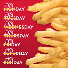 french fries on a red background with the words friday and friday written in large letters