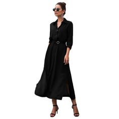 Black Button Down Split Maxi Shirt Dress Elegant Shirt Dress With Button Closure For Day Out, Solid Button-up Maxi Dress For Fall, Solid Color Button-up Maxi Dress For Fall, Fall Solid Button-up Maxi Dress, Elegant Solid Maxi Dress With Button Closure, Chic Long Sleeve Button Maxi Dress, Chic Long Sleeve Maxi Dress With Buttons, Formal Solid Shirt Dress With Buttons, Chic Fall Maxi Dress With Button Closure