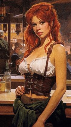 a painting of a woman with red hair wearing a corset and sitting at a bar