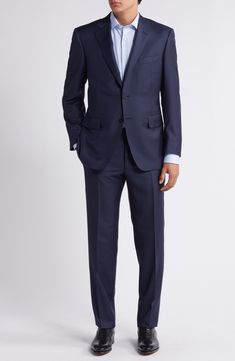 Classic and smart, this wool suit styled in a dark solid features traditional detailing that makes it a versatile addition to any formal wardrobe. 31 1/2" length (size 52EU) Jacket has notched lapels; chest pocket; flap pockets; side vents Cuff buttons may not be attached. Jackets purchased at full price can have the sleeve length customized for free at your local Nordstrom Trousers have zip fly; slant pockets; back button-welt pockets Unhemmed Jacket is lined; pants partially lined 100% wool Dr Timeless Tailored Double Breasted Suit With Notch Lapel, Business Double Breasted Wool Suit With Welt Pockets, Business Wool Double Breasted Suit With Welt Pockets, Tailored Suit With Concealed Placket And Notch Lapel, Double Breasted Suit With Welt Pockets In Suiting Fabric, Tailored Three-piece Business Suit With Lapel Collar, Timeless Double Breasted Suit With Welt Pockets, Tailored Three-piece Suit With Lapel Collar For Business, Double Breasted Suit With Welt Pockets And Suit Collar