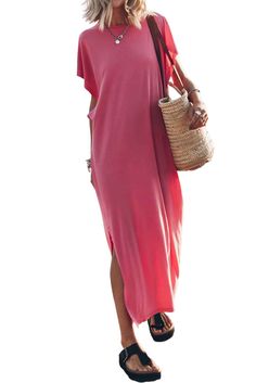 Pink Crew Neck Bat Sleeve Maxi T-shirt Dress Oversized Crew Neck T-shirt Dress For Summer, Spring V-neck T-shirt Dress For Loungewear, Casual Solid Color Maxi Dress With Relaxed Fit, Spring Cotton V-neck T-shirt Dress, Casual Relaxed Fit Solid Color Maxi Dress, Trendy Long Summer Maxi Dress, Trendy Long Maxi Dress For Summer, Summer Short Sleeve Solid Color Maxi Dress, Summer Maxi Dress With Short Sleeves In Solid Color