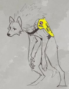 a drawing of a wolf with a yellow vest on it's back and head