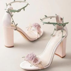 Blush block heels with pastel organza flowers and twirling embroidered vine ankle straps. The perfect flower heels for any garden soiree. New Heels Design 2023, High Heels Flowers, Whimsical Wedding Heels, Weeding Shoes For Girl, Quinceanera Shoes Light Green, Fun Prom Shoes, Princess Core Shoes, Wedding Shoes With Flowers, Wedding Heels Floral