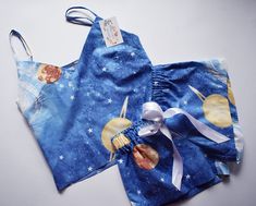 Unique designer pajama set from FlosCaeli. Elastic band and beautiful silk bow. *Set includes short pants and tank top Size: S and M Star Pajamas, Elasticated Dress, Salsa Outfit, Shorts And Tank Top, Designer Pajamas, Planets And Stars, Glitter Headbands, Pyjama Sets, Ootd Inspo