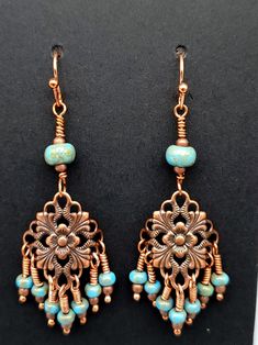 Copper Filigree Anticlastic Earrings With Turquoise Glass - Etsy Nickel Free Copper Bohemian Beaded Earrings, Artisan Copper Beaded Earrings Nickel Free, Bohemian Jewelry With Copper Wire And Matching Earrings, Copper Jewelry With Dangling Beads, Bohemian Bronze Chandelier Earrings With Ear Wire, Bohemian Copper Chandelier Earrings For Gifts, Handmade Copper Chandelier Earrings Bohemian Style, Handmade Copper Bohemian Chandelier Earrings, Bohemian Turquoise Copper Jewelry