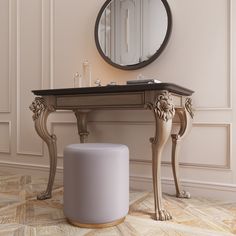 an elegant dressing table with mirror and stool