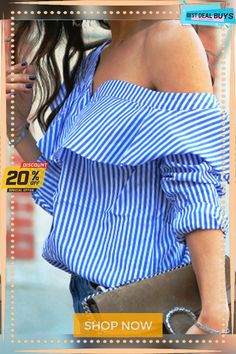 One Shoulder Regular Fit Striped Shirt Blue Collared Tops For Summer, Blue Summer Tops With Collar, Trendy Blue Collar Tops, Fall Striped Tops With Collar, Collared Tops For Summer Day Out, Spring Striped V-neck Shirt, Spring Striped Collared Top, Trendy Collared Tops For Spring, Long Sleeve Tops For Women