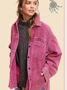 Add a lively flair to your wardrobe with the Come Alive Oversized Corduroy Shacket! This washed finish jacket features a frayed hem and oversized fit, along with a collar, button placket, and matching button cuffs. Dropped long sleeves and an oversized front pocket add to the fun and versatility of this jacket, making it a must-have for all seasons. Color: Black, Camel, Candy, Ecru or Coffee Fabric: 100% Coffee Includes: x1 Shacket Sizing: S-M-L, Regular Sizing Length: 29”- 30” *Actual colors may vary slightly due to product finishes over time and other factors. Corduroy Fashion, Corduroy Shirt Jacket, Coffee Fabric, Corduroy Jacket Womens, Corduroy Shacket, Jacket Making, Corduroy Shirt, Black Camel, Shoes With Jeans