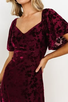 Pretty Dresses With Sleeves, Magenta Velvet Dress, Christmas Dress Women Classy Holiday Parties, Chocolate Brown Velvet Dress, Burn Out Velvet Dress, Burgundy Floral Bridesmaid Dresses, Burgundy Dress Wedding Guest, Red Mother Of The Bride Dresses, Office Christmas Party Dress