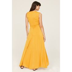 Yellow satin (100% Polyester). Maxi. Sleeveless. Crewneck. Back zipper closure. 56" from shoulder to hemline. Imported. Lined Satin Midi Dress Of Maxi Length, Elegant A-line Maxi Dress In Rayon, Chic Silk A-line Sleeveless Dress, Satin Dresses With Back Zipper For Summer, Summer Satin Dresses With Back Zipper, Spring Dresses In Rayon With Bias Cut, Spring Rayon Dresses With Bias Cut, Chic Ruched Satin Maxi Dress, Spring Rayon Bias Cut Dresses