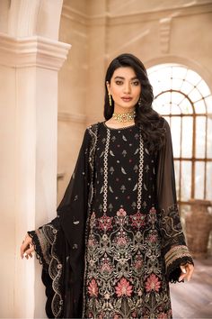 Black Salwar Kameez with Intricate Embroidery a beautifully made Pakistani Dress with breathtaking details on it. This Pakistani Party Wear coomes with trendy embroidered patterns on it making it even more enchanting. This dress is highly eye-catching and it wins hearts at very first sight. Kameez: This Black Salwar Kameez comes with a beautifully made Long Kameez in premium quality chiffon. This kameez is decorated with very delicate embroidered patterns on it making this dress look even more s Traditional Black Salwar Kameez With Intricate Embroidery, Luxury Embroidered Black Salwar Kameez, Black Semi-stitched Salwar Kameez With Embroidered Border, Unstitched Black Embroidered Salwar Kameez, Semi-stitched Embellished Black Salwar Kameez, Black Salwar, Black Salwar Kameez, Long Kameez, Page 404