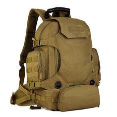 a large backpack with multiple compartments on the front and back sides, all in tan color