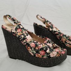 Nwot Never Worn Peep Toe Wedges! Black Espadrilles Wedged Has A Slight Sparkle With Pink Floral Pattern. Knotted Above Peep Toe. No Shoe Box Casual Wedge Sandals With Floral Print, Casual Floral Print Wedge Heel Sandals, Casual Floral Print Wedge Sandals, High Heel Fabric Wedge Sandals With Platform, Spring Open Toe Fabric Wedge Sandals, Spring Fabric Open Toe Wedge Sandals, Casual Wedge Heels With Floral Print, Casual Floral Print Wedge Heels, Vintage Wedge Sandals For Spring