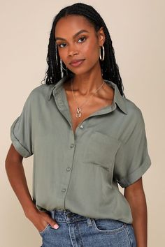 Keep it cute and classic in the Lulus Blythe Olive Green Short Sleeve Button-Up Top! Soft, lightweight woven fabric creates a collared neckline and cuffed, short sleeves. Relaxed bodice features a full button placket and front patch pocket. Notched, rounded hem. Pair with denim and a blazer for a casual-chic workday look! Fit: This garment fits true to size. Length: Above mid-thigh. Size medium measures 27.75" from shoulder to hem. Bust: Great for any cup size. Waist: Not Fitted - comfortable ro Versatile Summer Blouse With Button Closure, Versatile Collared Shirt With Button Closure, Summer Blouse With Collar And Button Closure, Summer Short Sleeve Collared Shirt With Buttons, Spring Short Sleeve Shirt With Button Closure, Everyday Summer Tops With Cuffed Sleeves, Summer Tops With Cuffed Sleeves For Everyday, Versatile Summer Blouse With Collared Neckline, Everyday Solid Color Button-up Short Sleeve Shirt