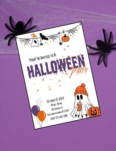 a halloween party with spider and pumpkins on purple paper, next to a card that says you're invited to a halloween party