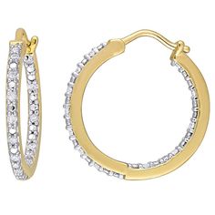 Lined inside and out with dazzling, round-cut diamonds, these Stella Grace hoops beautifuly complement your look. Lined inside and out with dazzling, round-cut diamonds, these Stella Grace hoops beautifuly complement your look. Length: 20.4 mm Backings: click-it Metal: sterling silver Plating: 18k gold flash plated Finish: polished Packaging: boxedDIAMOND DETAILS Total weight: 1/4 ct. Color grade: J-L Clarity: I3 Shape: round Setting: prong Gemstones may have been treated to enhance their appear Diamond White Diamond Earrings With Channel Set, Dazzling Yellow Gold Hoop Earrings With Prong Setting, Yellow Gold Diamond Hoop Earrings With Diamond Cut, Yellow Gold Hoop Earrings With Brilliant Cut, Hoop Earrings With Pave Setting In Cubic Zirconia, Cubic Zirconia Hoop Earrings With Pave Setting, Channel Set White Gold Round Diamond Earrings, Channel Set Round Cut Diamond Earrings, Diamond Hoop Earrings In Yellow Gold