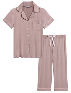 PRICES MAY VARY. Super soft pajama set for women comprise 95% viscose made from bamboo and 5% spandex. Cool and breathable material is perfect for hot weather, save you from hot flashes and heat wave, definitely essentials to people who have night sweats Short sleeve pj top features notch collar, full button down and front pocket. It will keep you warm in the winter and cool in the summer. Skin-friendly, do not ball Capri pajama pants features elastic waistband and drawsring. It will not creep u Boyfriend Top, Bamboo Pajamas, Soft Pajamas, Uk Clothing, Sleepwear Sets, Notch Collar, Pajamas Set, Pajama Bottoms, Short Pajama Set