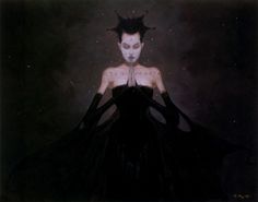 a woman in a black dress with horns on her head and hands folded over her face