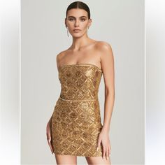 Questions? Leave A Comment Below! New With Tags Size Large Gold All Beaded And Sequin Gold Chainmail, Gold Dress Short, Australia Clothes, Golden Dress, Chainmail Dress, Pearl Dress, Bridesmaid Outfit, Strapless Mini Dress, Gold Dress