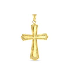 "14k solid gold Cross pendant. measures 1 1/2\" by 1\". high polish finish." Cross Dollar Gold Chain, Yellow Gold Cross Necklace With Large Pendant, Formal Cross Necklace With Large Pendant, Gold Jewelry With Large Cross Pendant, Elegant Polished Crucifix Jewelry, Elegant Crucifix Jewelry With Polished Finish, Gold Cross Jewelry With Large Pendant, White Gold Large Cross Pendant Jewelry, Formal Necklace With Large Cross Pendant