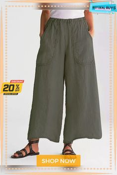 Solid Color Cotton Linen Pocket Wide Leg Pants Green Wide-leg Bottoms With Patch Pockets, Green Wide Leg Bottoms With Patch Pockets, Khaki Solid Color Bottoms For Workwear, Casual Ankle-length Bottoms With Patch Pockets, Khaki Bottoms For Workwear, Khaki Non-stretch Wide-leg Pants, Khaki High-waisted Wide Leg Pants With Pockets, Khaki Wide-leg Pants With Welt Pockets, Khaki Wide Leg Pants With Welt Pockets