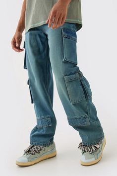 Baggy Rigid Multi Cargo Pocket Jeans In Blue | boohooMAN USA Denim Washes, Vegas Dresses, Tall Pants, Jeans Cargo, Style Cargo, Sweatshirt Set, Mens Cargo, Plus Size Prom Dresses, Cargo Pocket