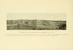 an old black and white photo of a town in the distance with two separate images